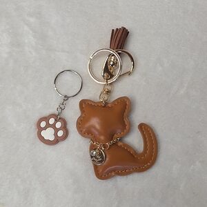 Brown Kitty Cat Bag Purse Backpack Charm Keychain with Paw Charm